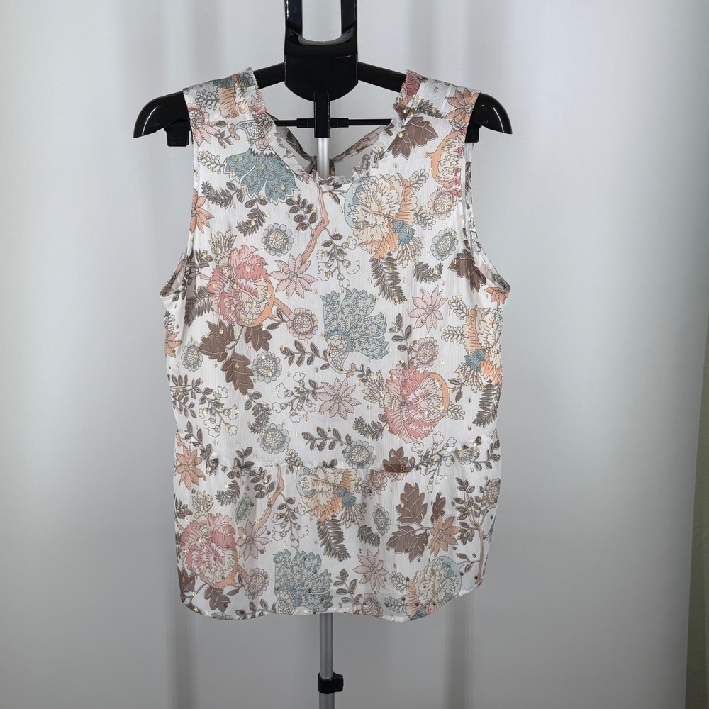 LOFT Floral Sleeveless Blouse Gold Foil Dot Ruffle Tie Neck Peplum Top Large